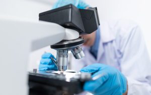 A laboratory technician examining slides under a microscope.