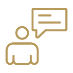 Gold icon of a person with a speech bubble.