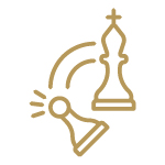 Gold icon of a chess piece knocking down a pawn.