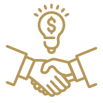 Gold icon of a handshake with a lightbulb.
