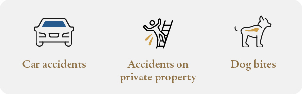Common injuries with insurance policies include car accidents, dog bites & accidents on private property.