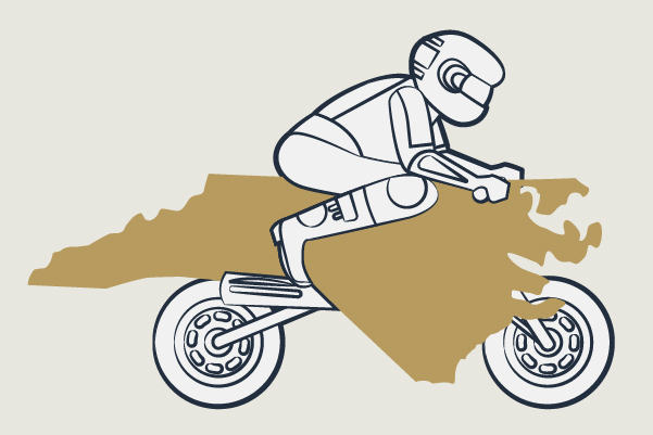 Illustration of a motorcycle rider on a North Carolina shaped bike.
