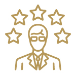 Experience icon of a lawyer surrounded by five stars.