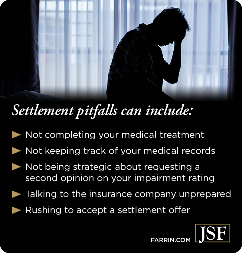 Settlement pitfalls can include not completing treatment, not keeping medical records, talking to insurance unprepared & rushing to accept a settlement offer.