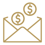 Gold line icon of an envelope containing only a small amount of money.