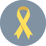 A yellow cancer ribbon in a grey circle.
