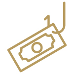 Gold line icon of a dollar bill on a fishing hook.