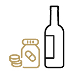 Icon of a beer bottle and bottle of medication, representing alcohol & drug consumption.