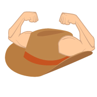 A brown cowboy hat with two muscular arms.
