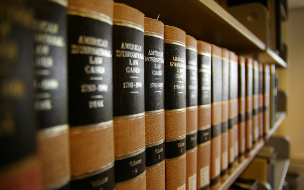  A row of legal textbooks on a bookcase.