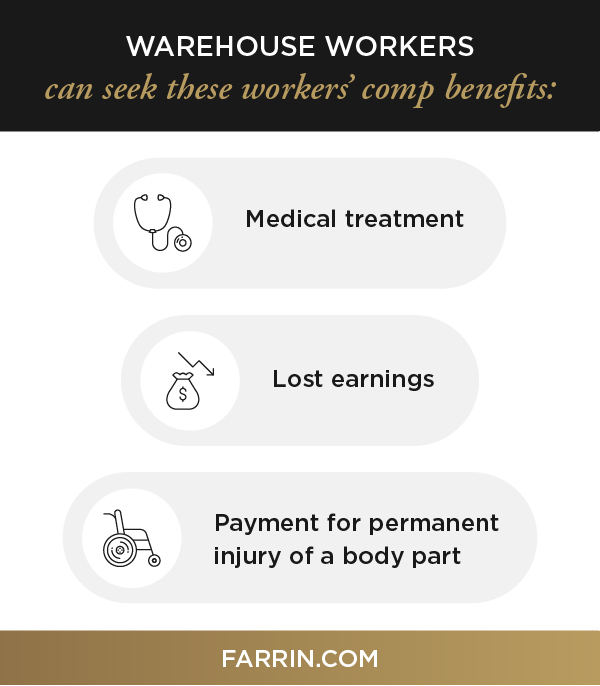Warehouse workers may seek workers' compensation benefits such as medical treatment, lost earnings & payment for permanent injury.