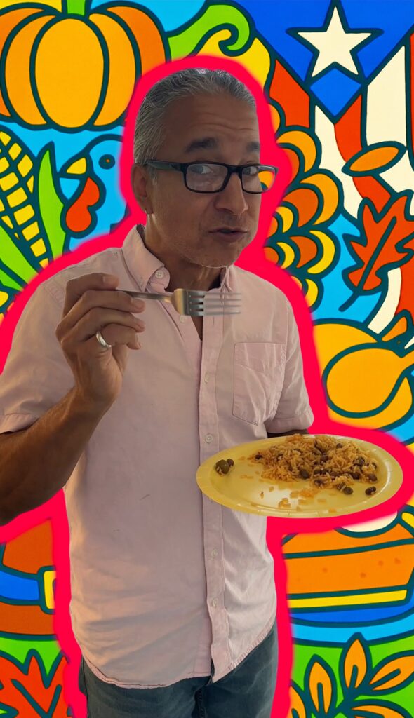 Gabe Leal eating Arroz con Gandules