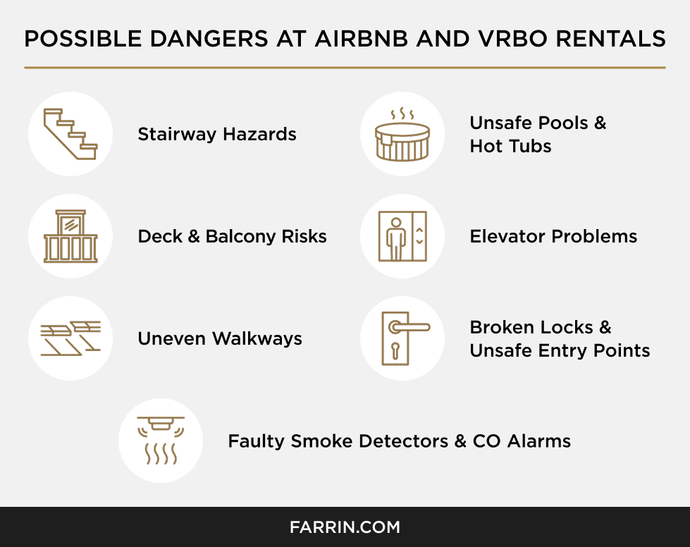 Law Offices of James Scott Farrin NC personal injury attorneys list dangers at Airbnb & VRBO rentals including stairs, pools, balconies, locks & smoke alarms.