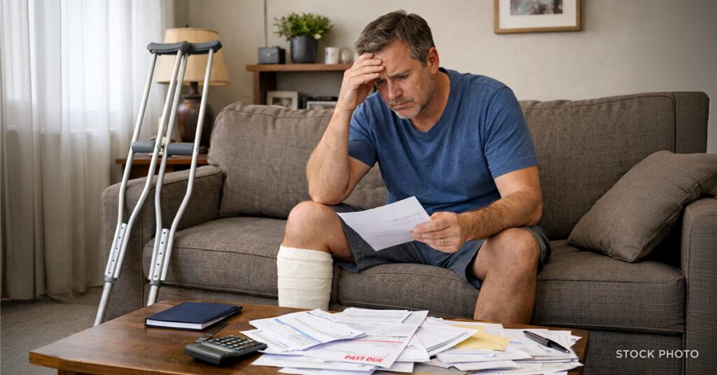 Law Offices of James Scott Farrin North Carolina workers’ compensation attorneys. An injured man on crutches reviewing bills at home.