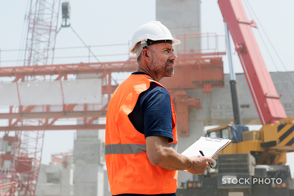 Law Offices of James Scott Farrin North Carolina workers’ compensation lawyers. Worker in safety gear holding clipboard at site.