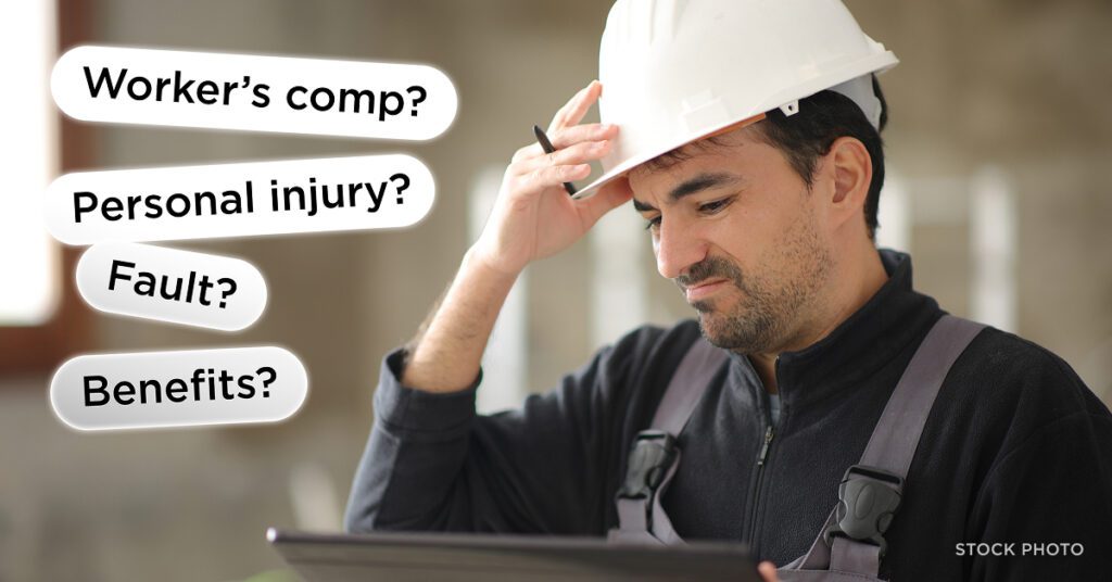 Law Offices of James Scott Farrin Carolinas workers’ comp and personal injury attorneys. Construction worker reviewing paperwork, unsure about benefits, fault, or claim options.