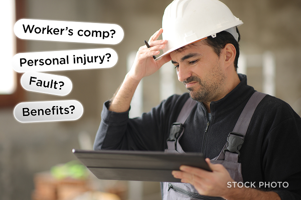 Law Offices of James Scott Farrin Carolinas workers’ comp and personal injury attorneys. Construction worker reviewing paperwork, unsure about benefits, fault, or claim options.