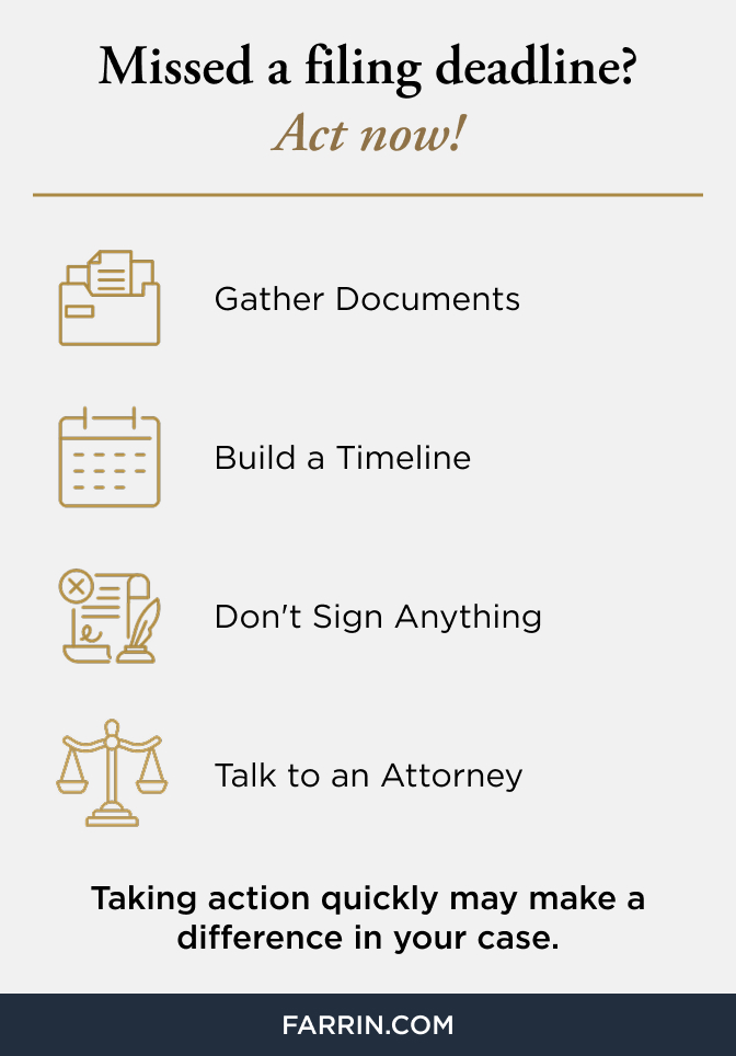 Law Offices of James Scott Farrin Carolinas workers’ comp attorneys. Steps after missing a filing deadline include gathering documents, building a timeline, and contacting a lawyer.