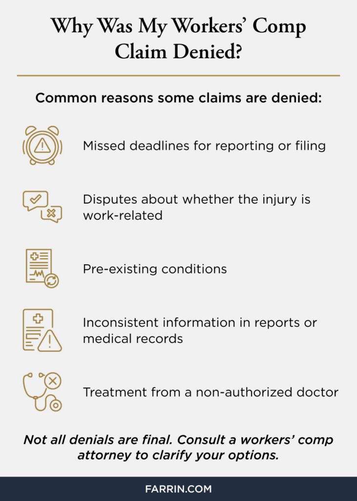 Law Offices of James Scott Farrin workers’ compensation attorneys. Reasons workers’ compensation claims may be denied, such as inconsistent information, unauthorized treatment, and reporting issues.