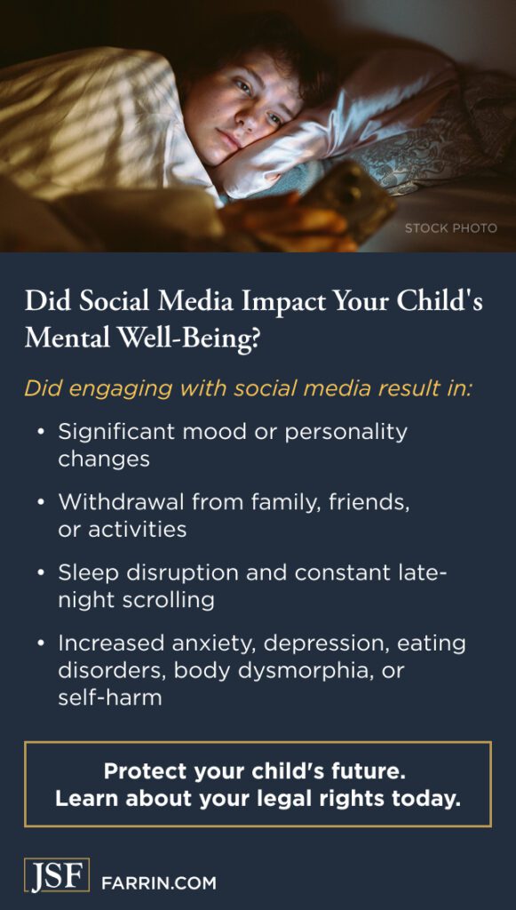 Law Offices of James Scott Farrin taking teen social media addiction cases. Child scrolling on a phone in bed at night highlighting the potential mental health effects of social media.