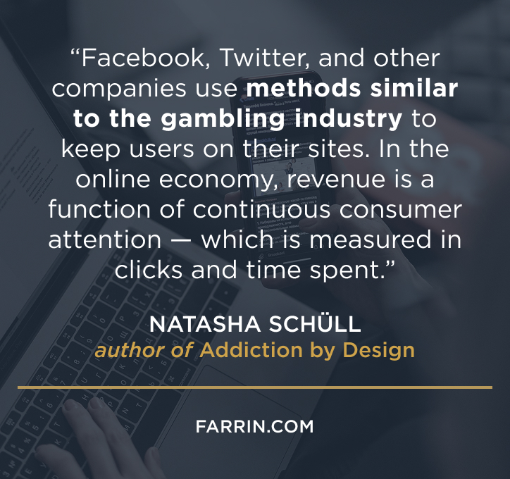 Smartphone background with a quote about addictive design features used by social media companies.