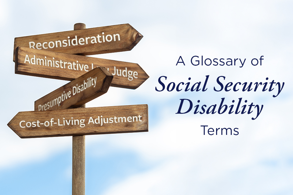 A directional sign post with Social Security Disability terms. James Scott Farrin, SSD attorneys.